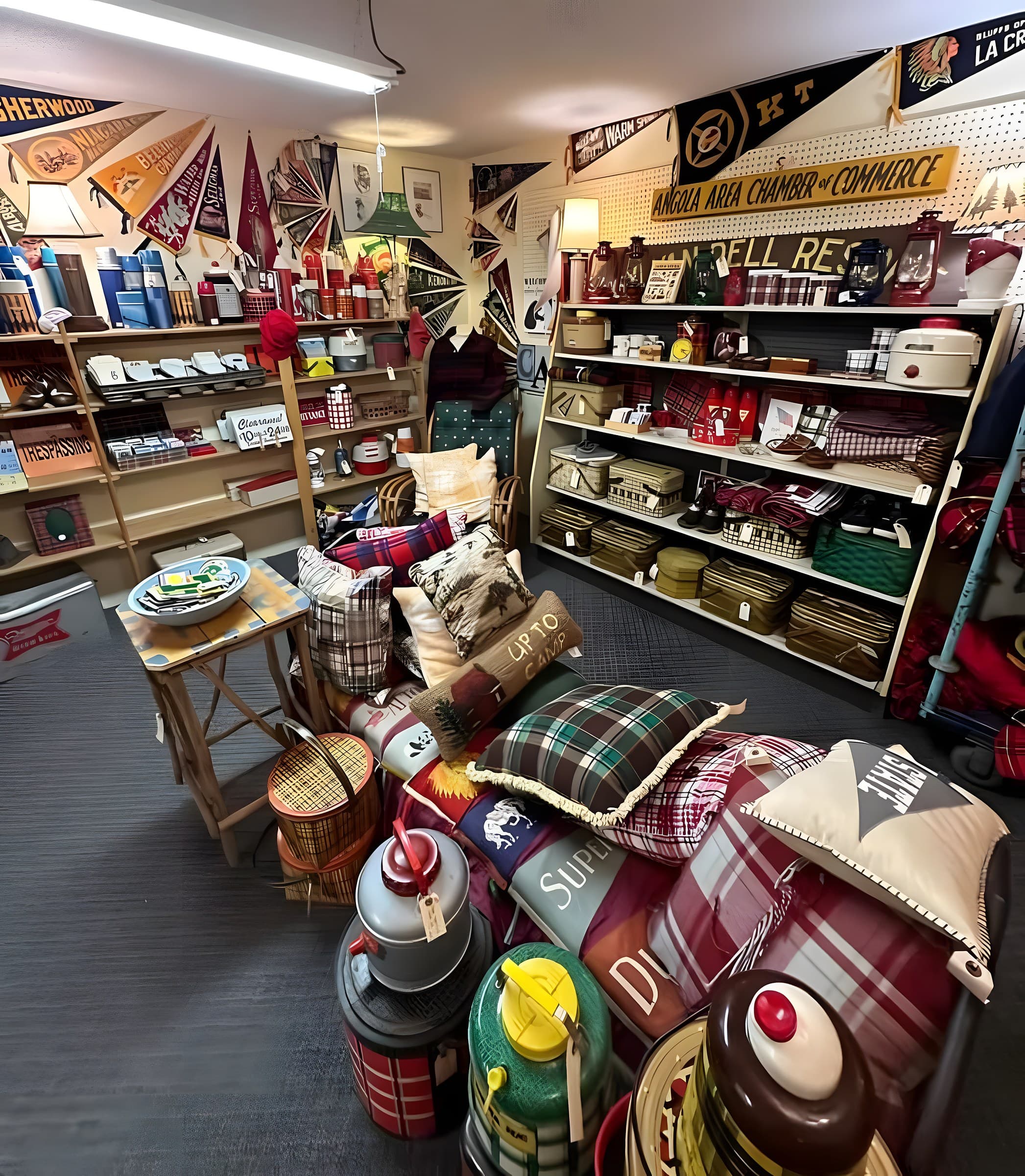 A camp- and cabin-themed booth lined with vintage felt pennants, shelves of plaid Thermos jugs and picnic coolers, wicker picnic baskets, oil lanterns, and stacked plaid camp blankets and pillows.