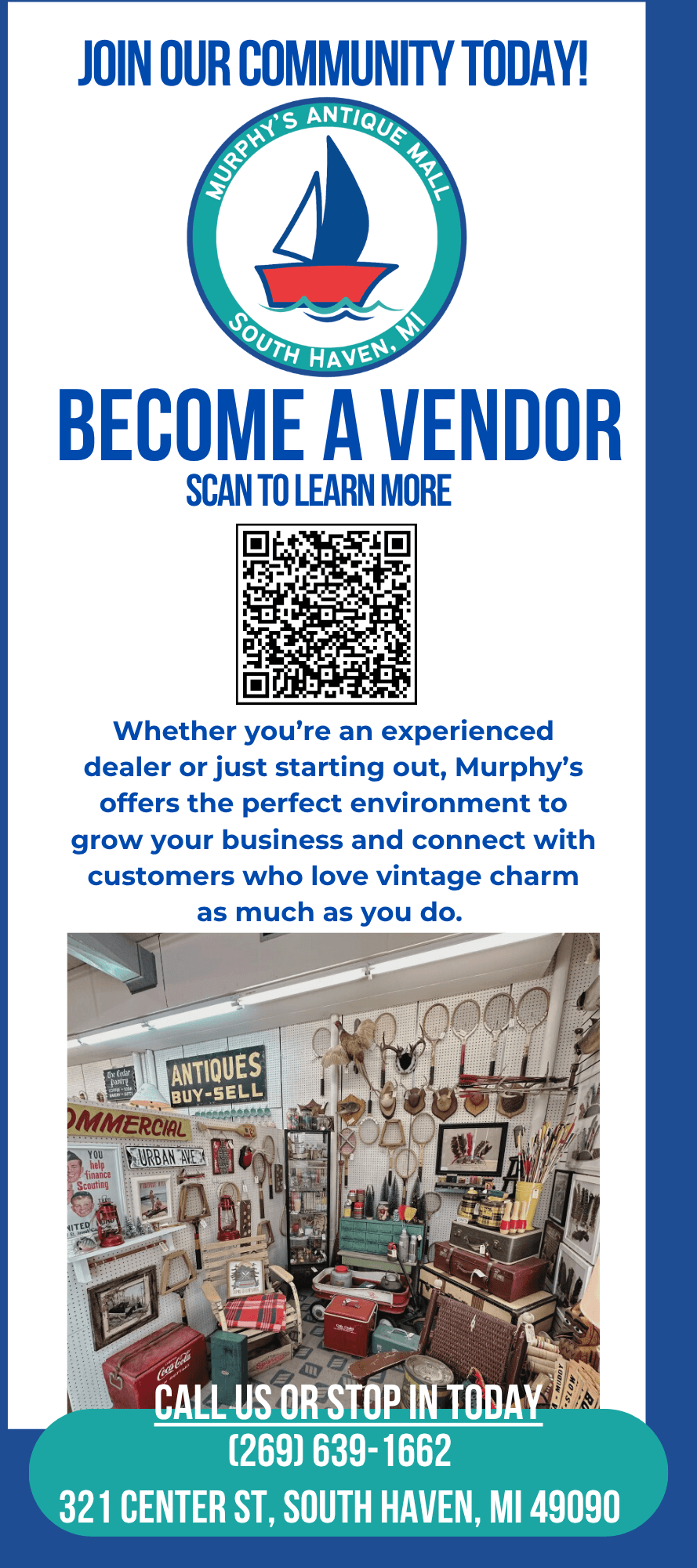 Promotional flyer inviting prospective vendors with the Murphy's pitch, the phone number (269) 639-1662, and the address at 321 Center Street, South Haven, MI.