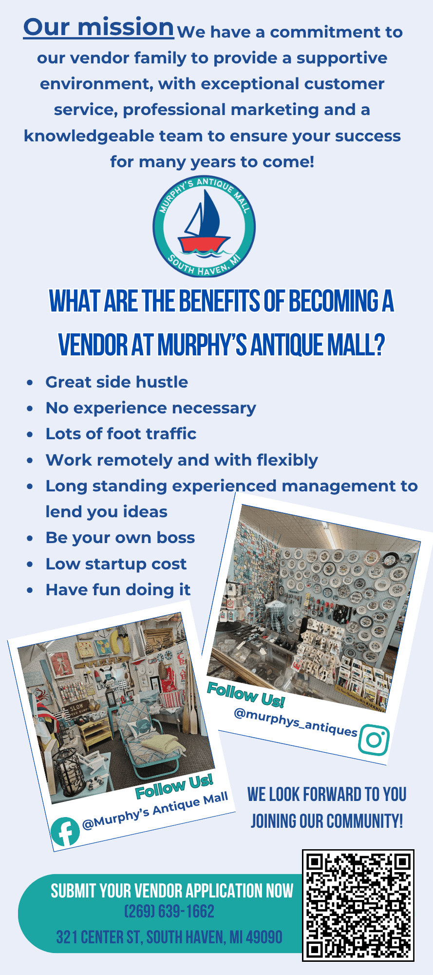 Vendor benefits flyer with Murphy's mission statement, the eight benefits of becoming a vendor, and a call to submit a vendor application.